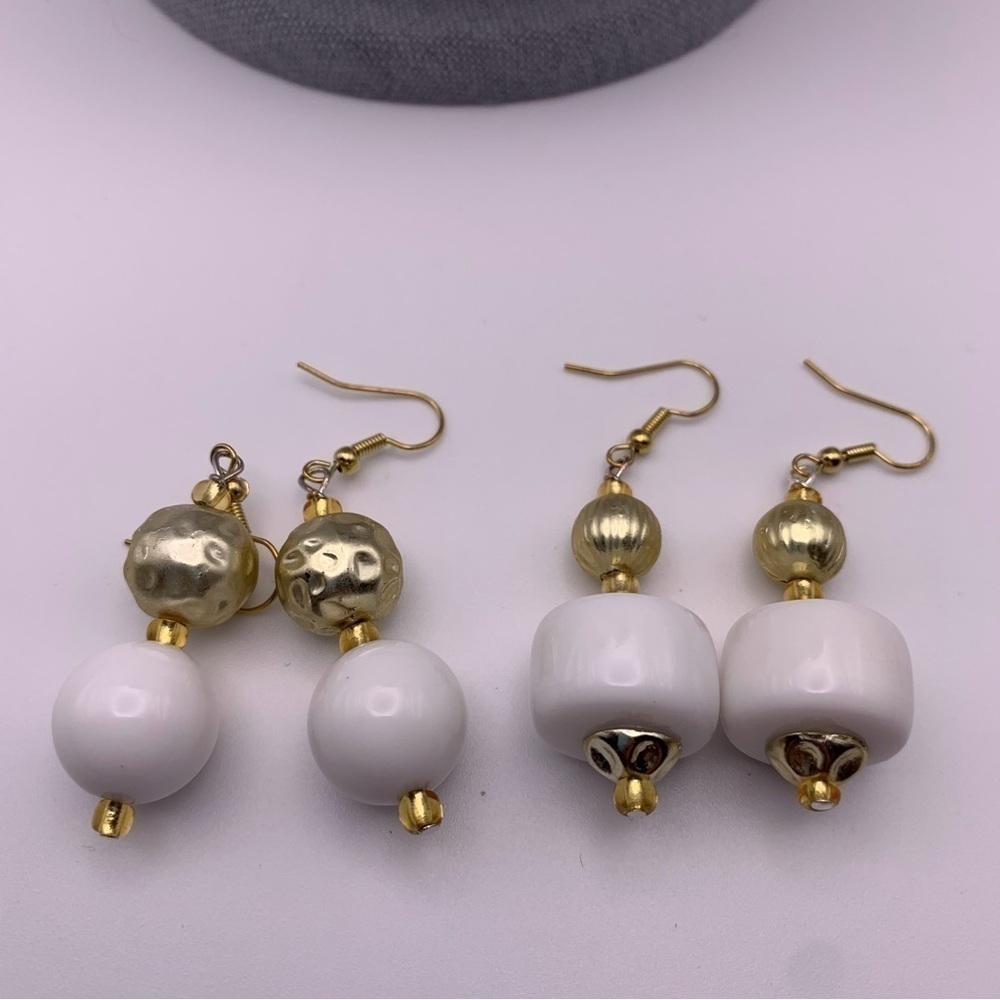 Set of Two NWOT White and Gold 60s Lamp Inspired Long Beaded Dangle Earrings